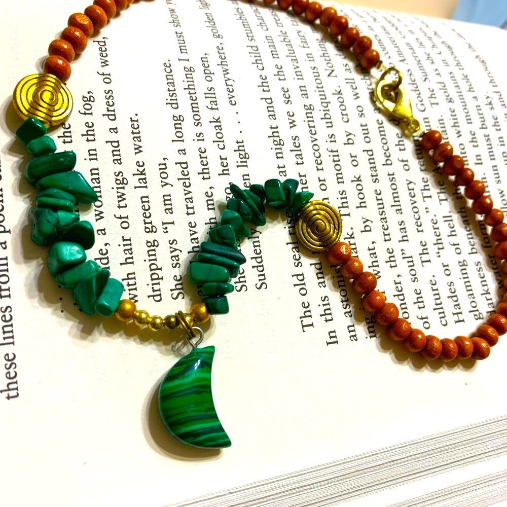 Bohemian Wood & Malachite MOON Necklace - Picture 1 of 4